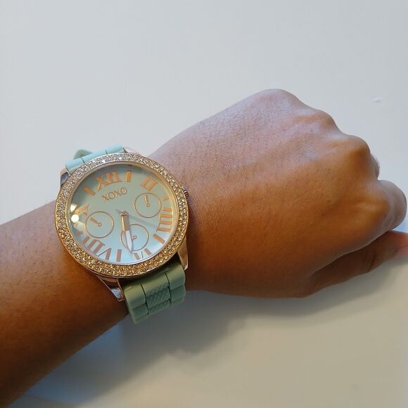 XOXO Women's Rhinestone Accented Rose Gold Watch With Green Silicone Strap - Picture 6 of 14